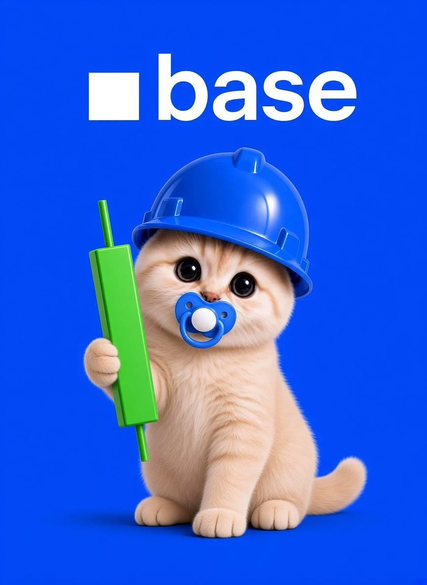 Baby BaseCat in a blue hard hat holding a green candle.